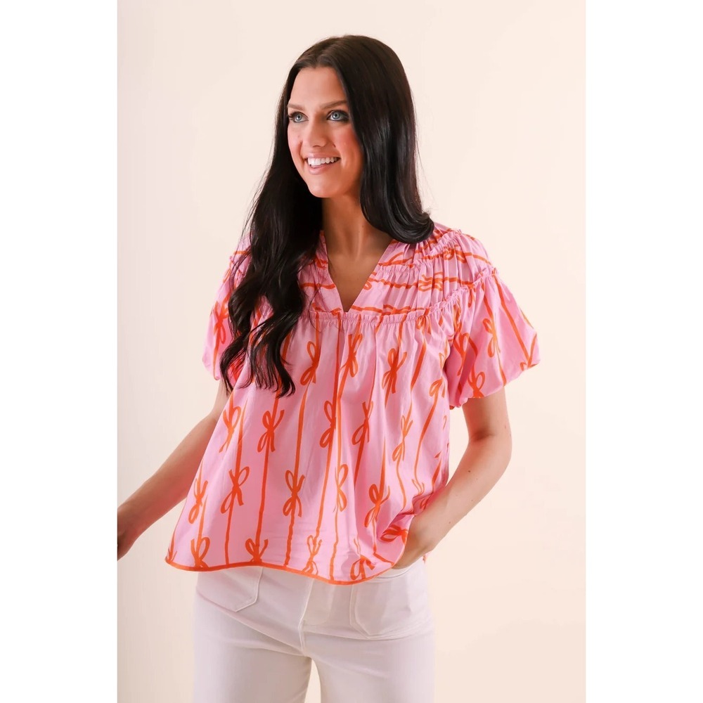 Umgee Women's Bow Print V-Neck Tiered ruffle Trim Puff Sleeve Top Pink size L